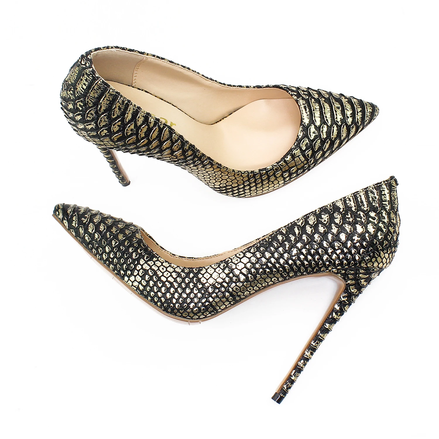 2024 New Product 12cm Snakeskin Embossed Stiletto Gold Pumps For Women