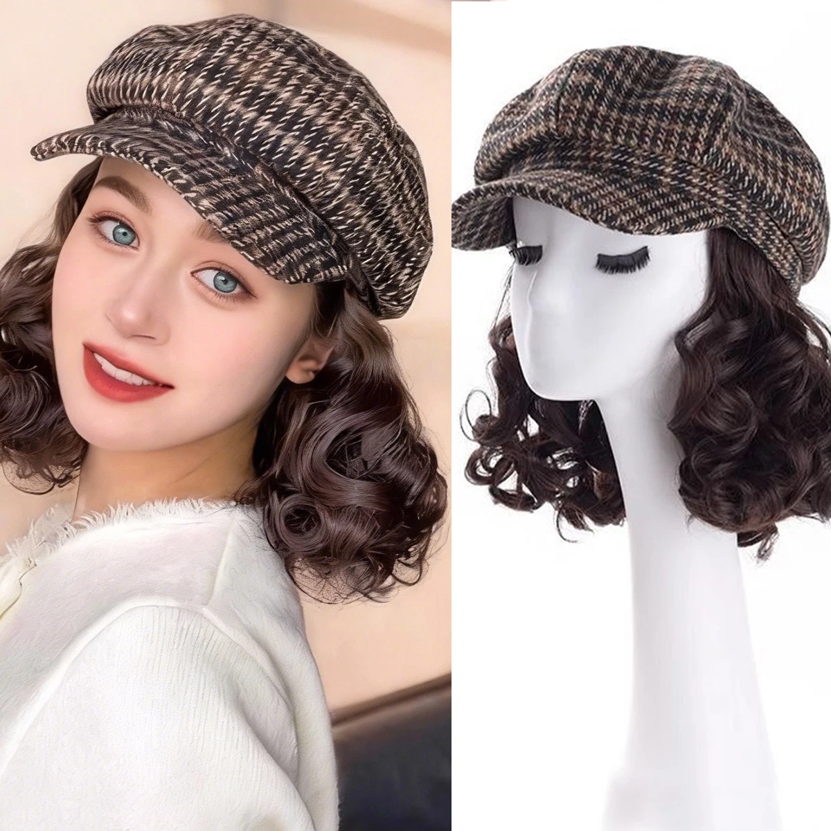 

12-inch synthetic all-in-one hat wig women's navy hat winter warm short curly hair heat-resistant wig brown