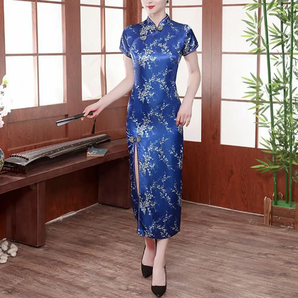 

Retro Printed Dress Stand Collar Short Sleeve Elegant Faux Satin Long Cheongsam Chinese Style Qipao Flower