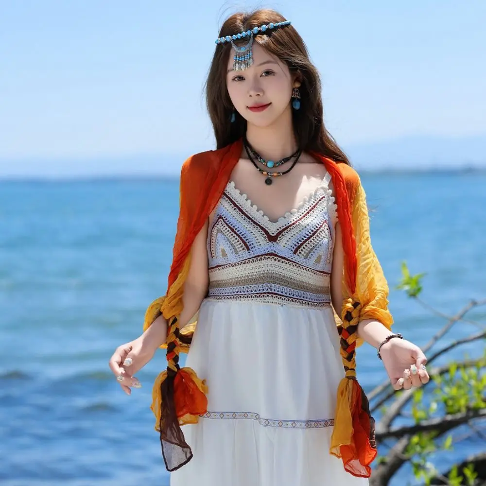 

Gradient Color Twist Braid Floral Headscarf Ethnic Style Breathable Muslim Hijab Scarf Wraps Sunshade Dustproof Indian Headwear