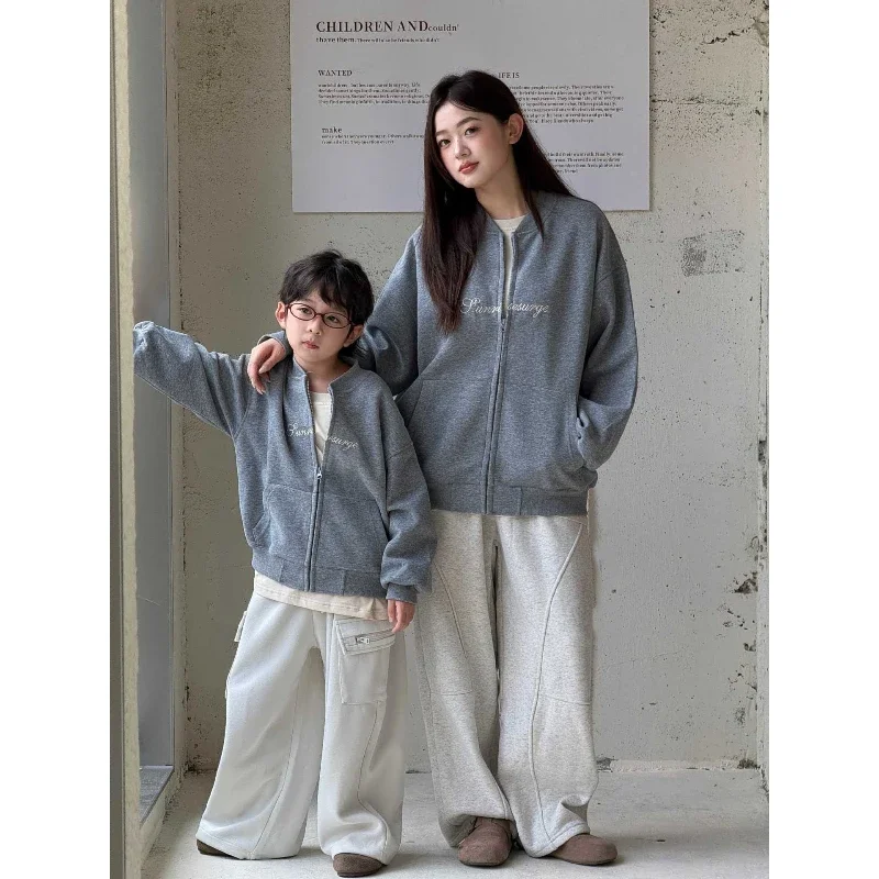 2026 Autumn Family Matching Outfits Mom Dad Son Daughter Solid Cotton Baseball Jacket Father Mother Parent-child Zip Up Coat 2