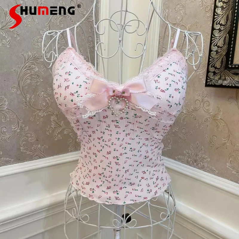 

Japanese Style Sweet Slings Fresh And Sweet Forest Style Floral V-Neck Bow Lace Trim Slimming Short Top With Chest Pads Camisole