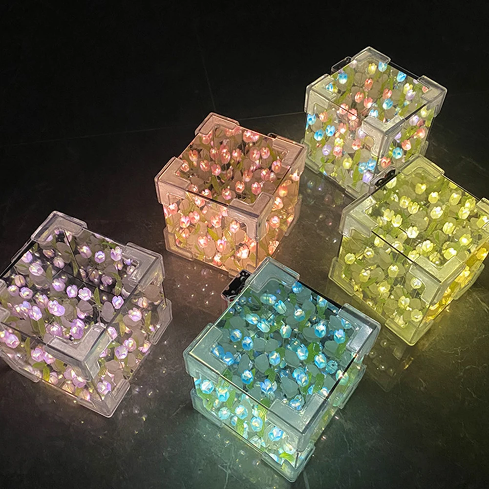 DIY Tulip Mirror Night Light Handmade DIY Tulip Flower Magic Cube Mirror Table Lamp Home Decoration For Girls Friends Gifts