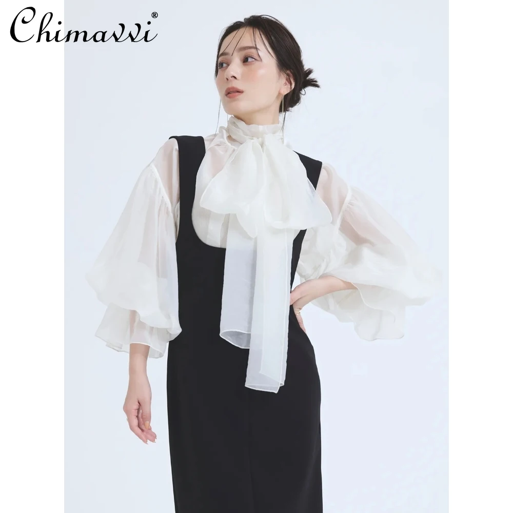 2024 Autumn New Fairy Sweet Big Bow Tie Semi-turtleneck Transparent Shirt Japanese Long-sleeved Loose Temperament Lolita Tops