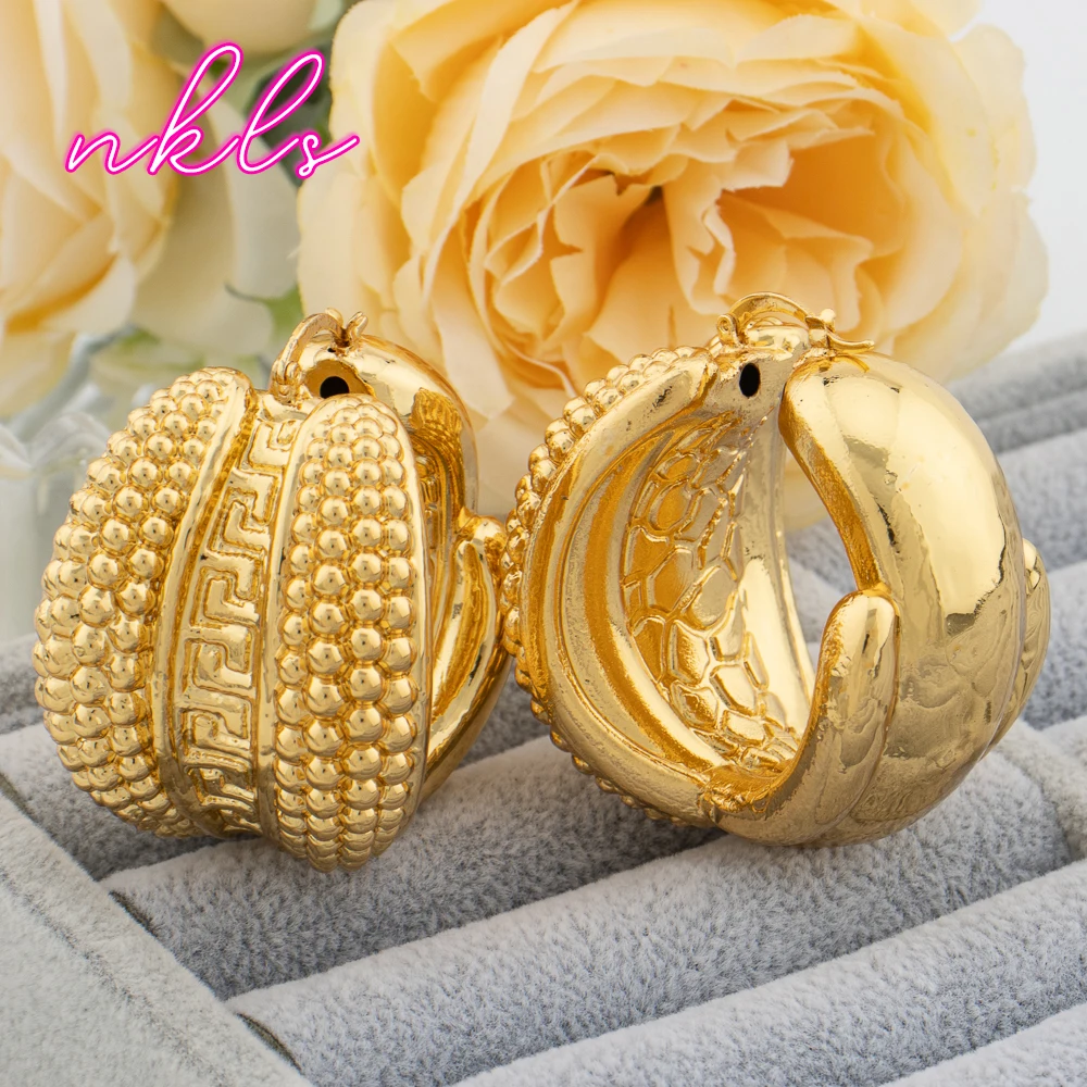 African Chunky Big Earrings Geometry Gold Color Large Hoop Earrings Exaggerated Vintage Jewelry For Dubai Wedding Party Gifts