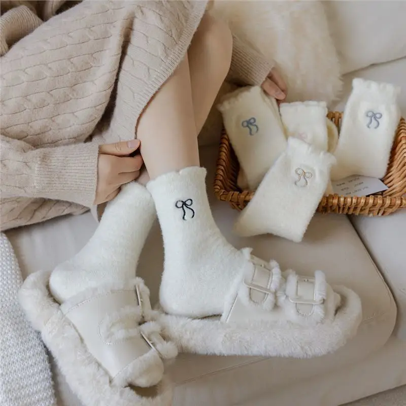 Damskie skarpety jesienno-zimowe, grube, z aksamitu norek, z kokardą, ciepłe skarpety zimowe.