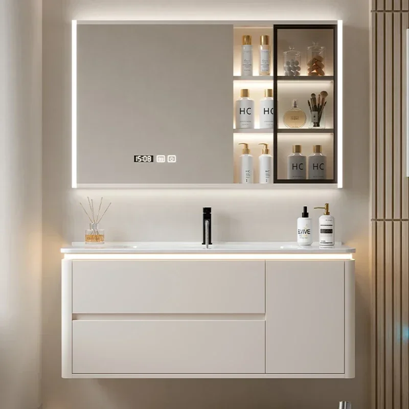 c13-Nordic Cream Style Bathroom Cabinet Wall Mounted Vanity with Sink Storage Mirror Cabinet Fashion Furniture Baños Muebles C