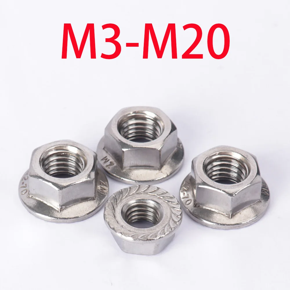 M3-M20 304 Stainless Steel Serrated Hex Flange Lock Nut Anti Slip Self Locking Vibration Resistant Industrial Assembly Fasteners