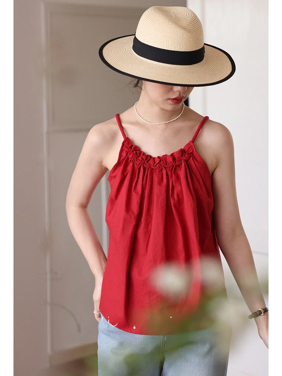 

Однотонный льняной топ с плиссировкой и цветочным узором, стильный, для повседневной носки, женский, без рукавов, летняя новинка