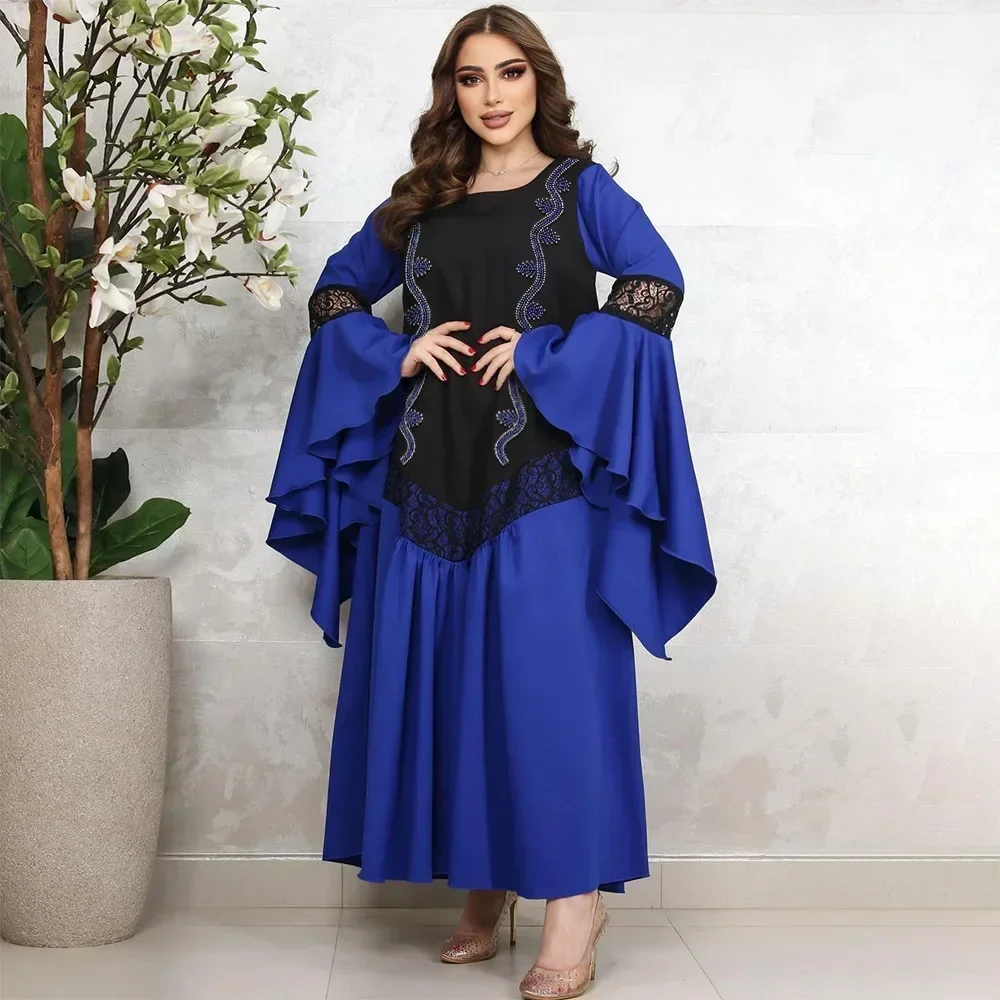 Elegant Diamonds Dress Lace Splicing Gown Muslim Long Jalabiya Woman Big Lotus Leaf Sleeves Abaya Women Square Neckline Kaftan