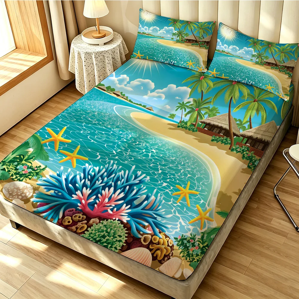 3pcs Beach Vacation Coconut Tree Print Coreless Bed Sheet Set Multiple Sizes Soft Bed Covers, Bedroom Bedding Decorations, Gifts view 2