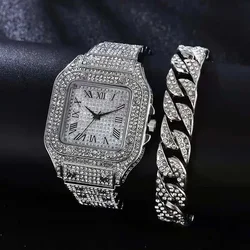 2Pcs Set Diamond Women Watches Gold Watch Ladies Wrist Watches Luxury Brand Rhinestone Womens Bracelet Watches