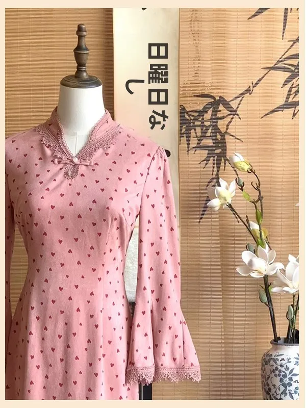 フィボン新中式ピンクハート水玉模様改良チャイナドレス女の子ニッチデザインセンス民族衣装ロングチャイナドレスイブニングガウン