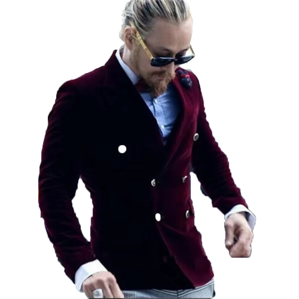 Velvet Suit Jacket for Men Notch Lapel Double Breasted Blazer Customized Wedding Party Formal Occasion Groom Plus Size