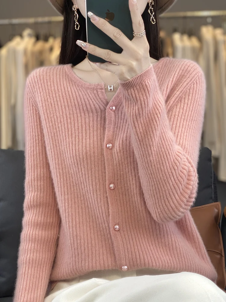 

Exquisite Women's Cardigan V-Neck 100% Merino Wool Knitwear Basic Soft Warm Chic Button Striped Happiness Sweater Tops