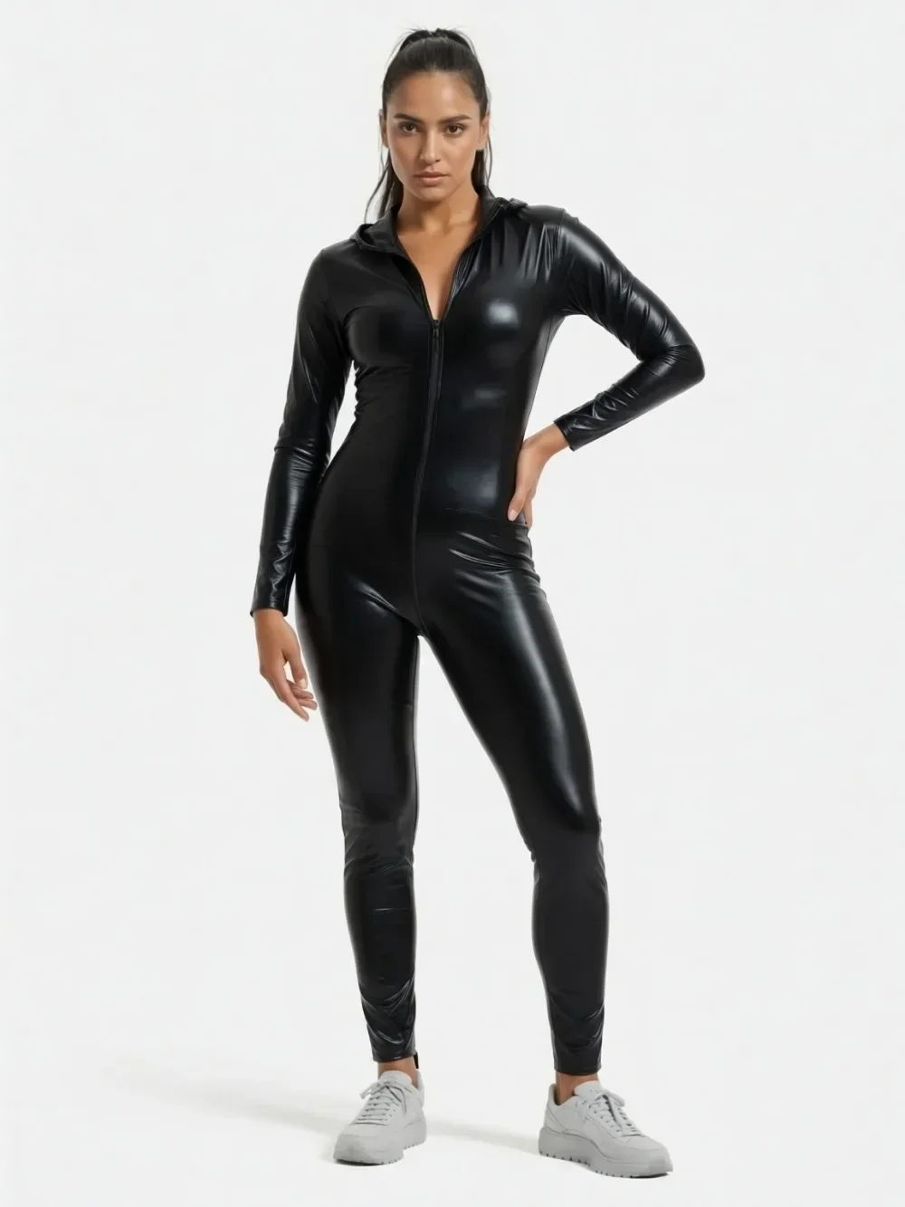 Damen-Leder-Catsuit, sexy, glänzend, mit Reißverschluss, mehrfarbig, für reife Frauen, langärmeliger Jumpsuit, Bodysuit – Detail 2