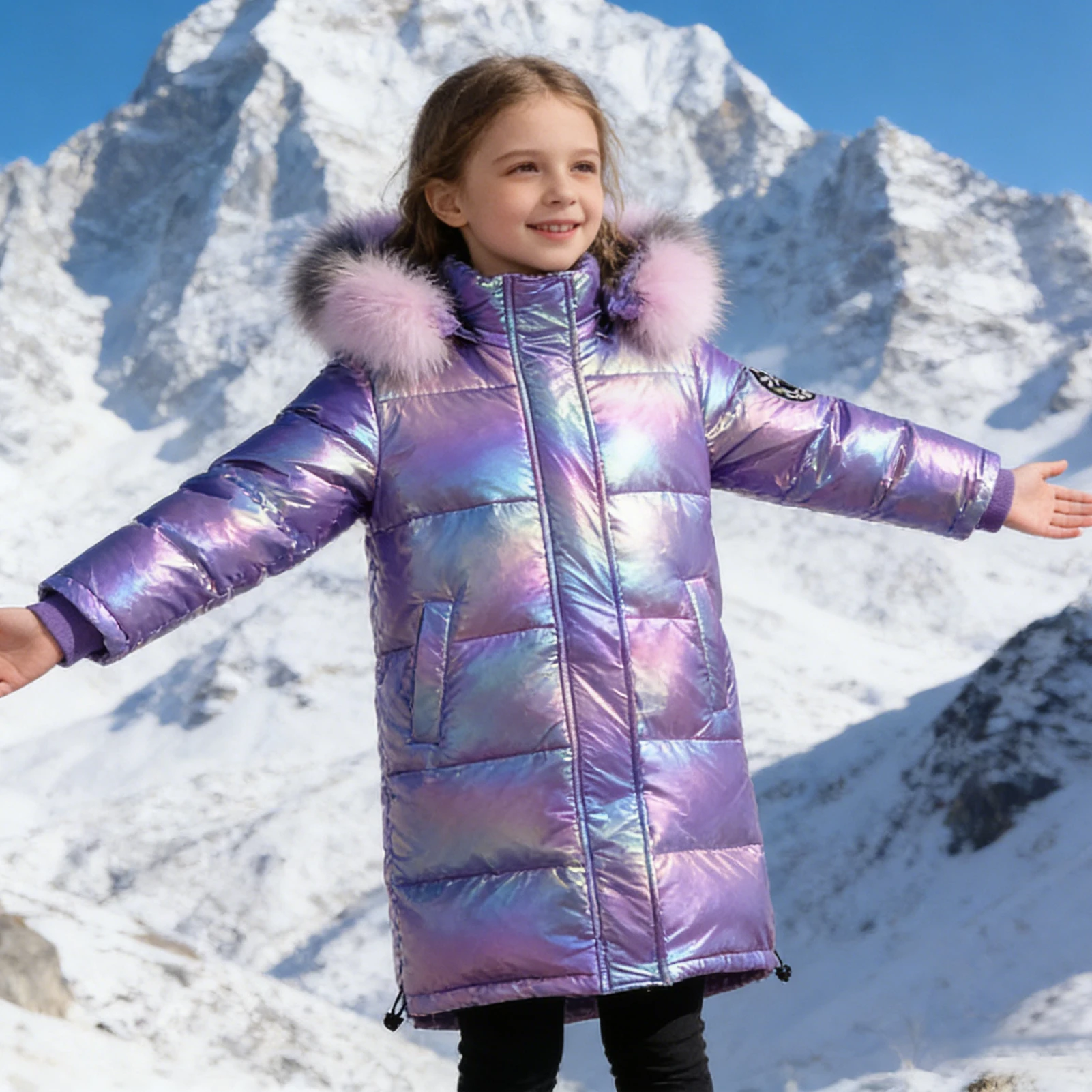 Bright Colorful Girls White Duck Down Coat,Children's Winter Jacket,Thicked Warm Fur Collar Hoodie Long Fashion Teens Overcoat