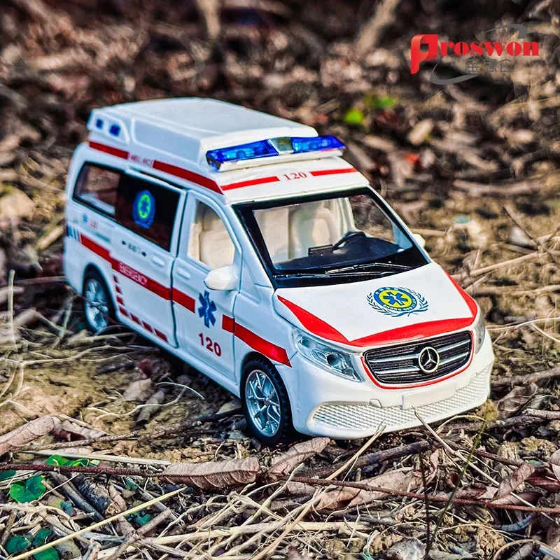 1:32 Mercedes Benz Emergency ambulance 120 Diecast Metal Alloy Model car Sound Light Pull Back Collection Kids Toy Gifts