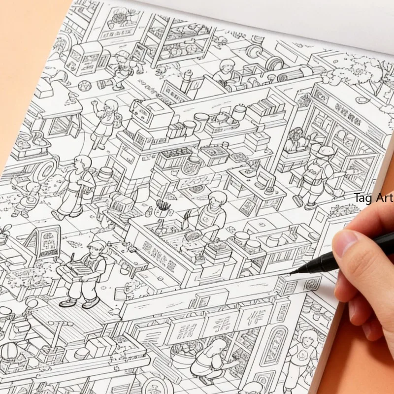 Adult Meditation and Concentration Hand Drawn Graffiti Book, Panoramic Scene Coloring Book, Line Drawing Coloring Brochure