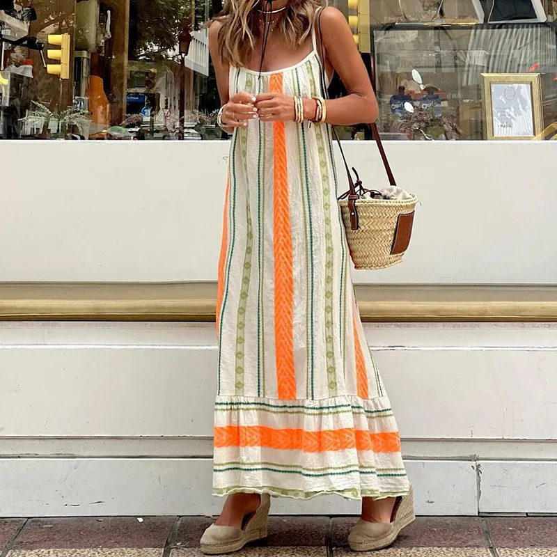 Sukienka w paski Spaghetti Summer Casual Ladies Long Simple Backless Beach Sleeveless Party Dresses