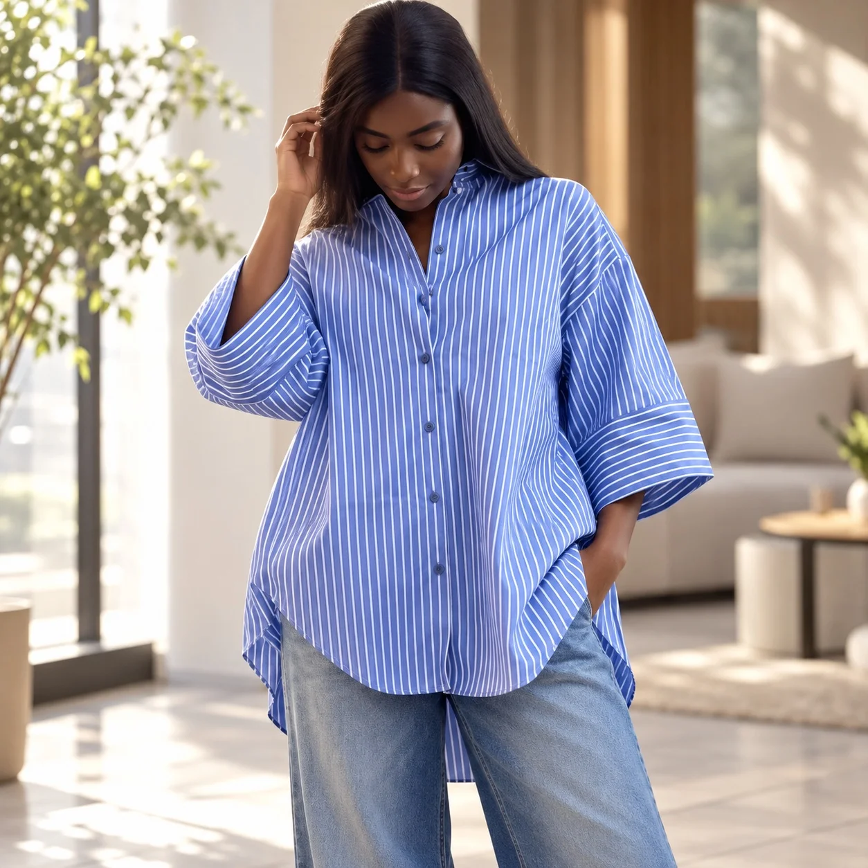 Striped Loose Fit Long Sleeve Shirt with Polo Collar Sweet Fresh Style No Stretch Open Front Single Breasted Summer Women Blouse