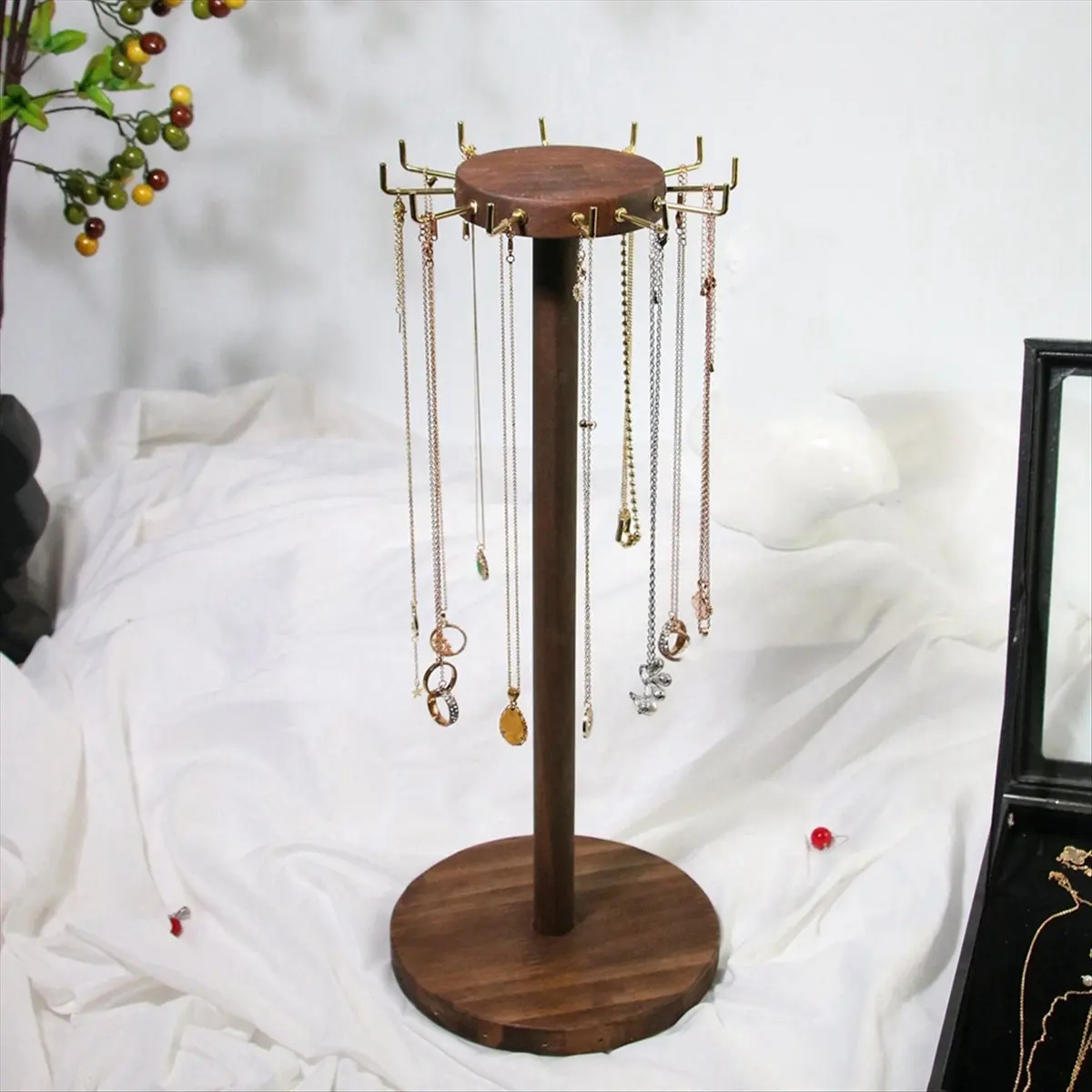 AA77 NEW Wooden Necklace Display Rack with 12 Hooks, Round Wooden Jewelry Display Rack, Necklace Pendant Earring Storage Rack.