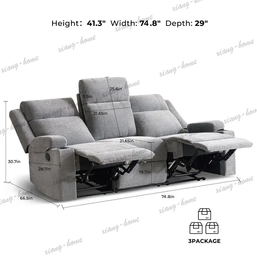 lsLarge Manual Reclining Sofa 3Seater Chenille Reclining Couch with Cup Holders, Wide Seat, Easy Assembly amp SpillResistant Fab