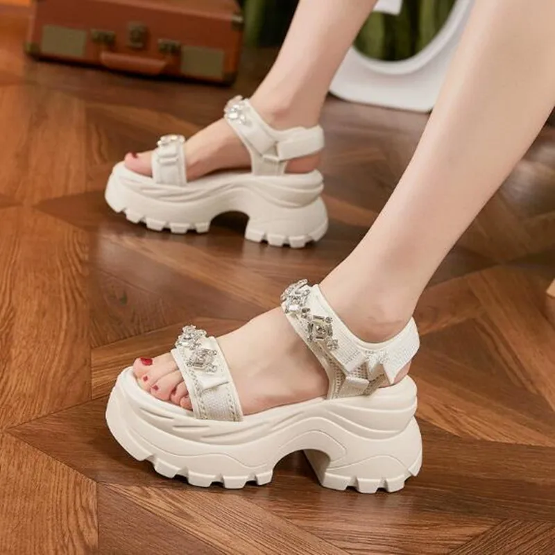 

New 8.5CM Air Mesh Microfiber Leather Chunky Sandals High Platform Comfy Sneakers 2026 Summer Crystal Beach Slippers Shoes Woman