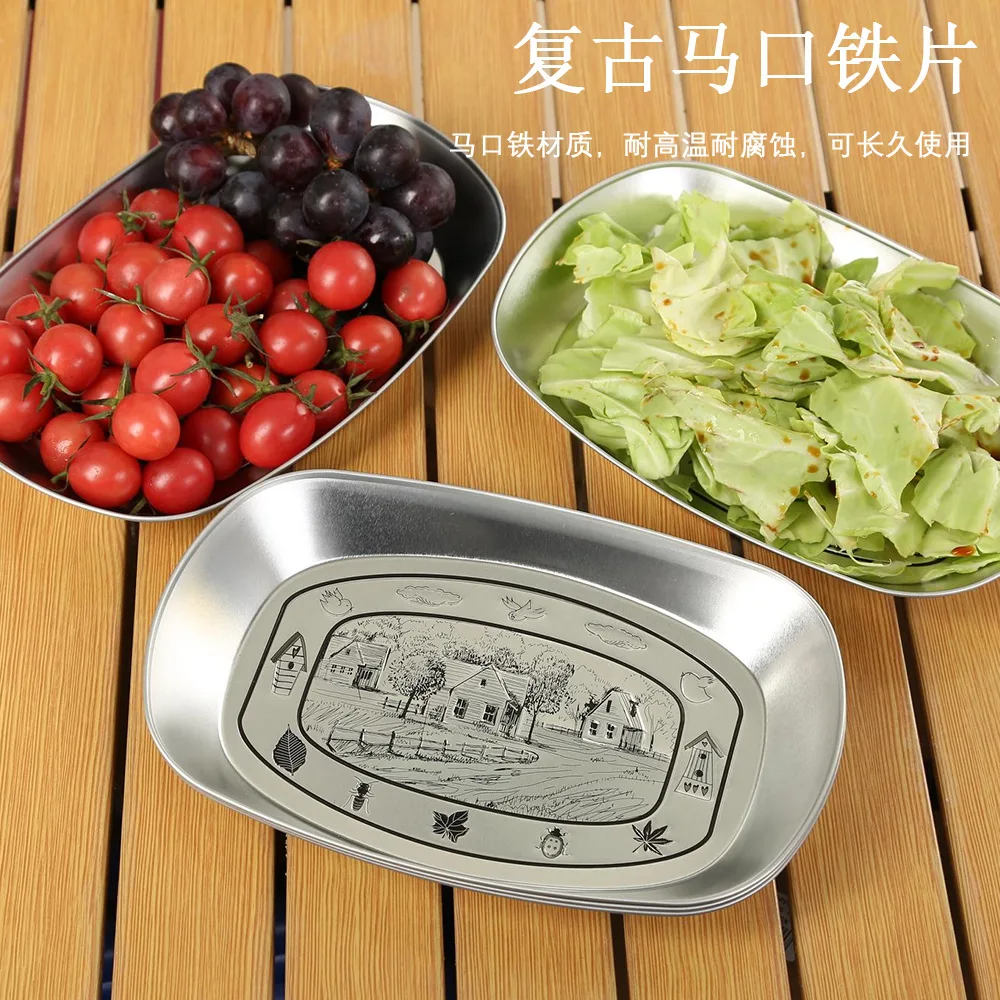 

Outdoor European retro iron plate, boat-shaped fruit plate, tinplate small tray, retro metal snack, groceries