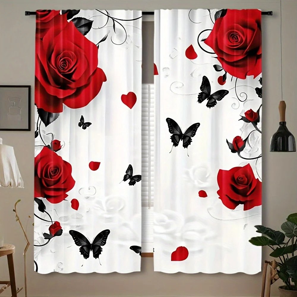 

2 шт. шторы с узором розы, полиэфирная ткань, можно стирать в машине, подходят для украшения спальни и гостиной.