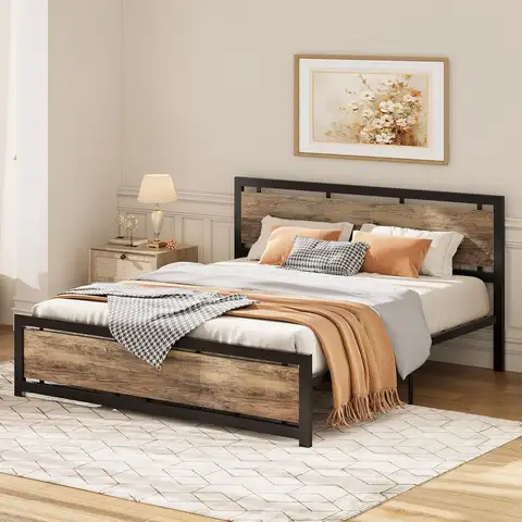 LIKIMIO California King Bed Frame con testiera e pediera, antirumore, supporti robusti in metallo, facile montaggio, noce