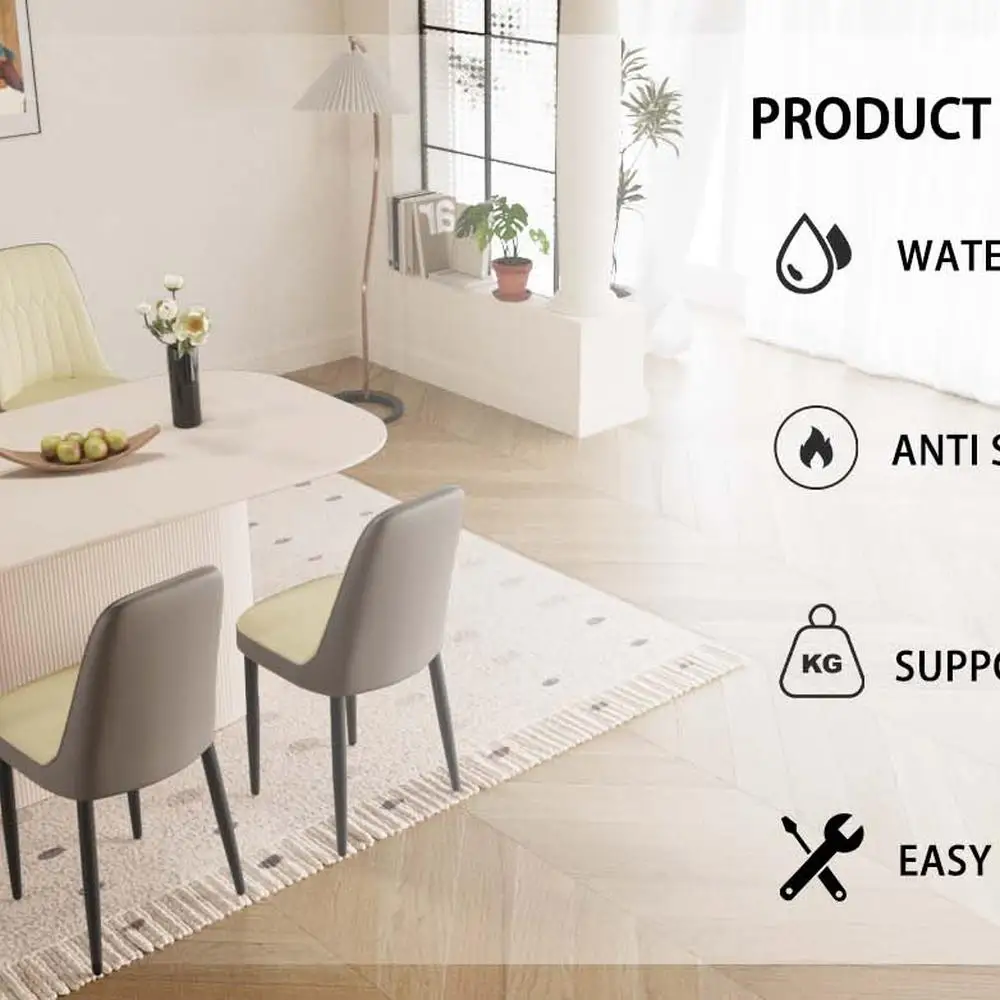 63 inch crèmekleurige moderne MDF eettafelset met 4 PU lederen stoelen, zwarte metalen poten, ergonomische gedempte zitplaatsen voor thuis