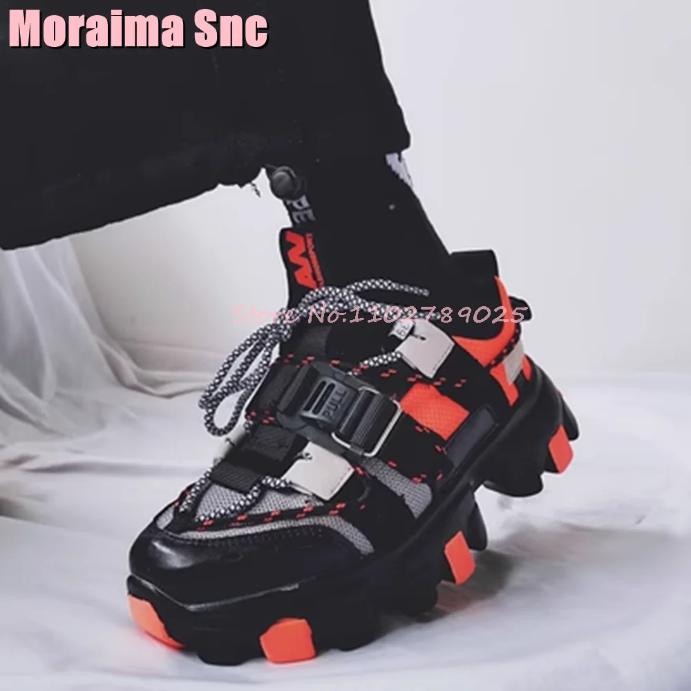 Mixed Colors Thick Sole Lace Up Sneakers Buckle Round Toe Dad Shoes Sports Increasing Height Fashion Spring Autumn 2023 Newest