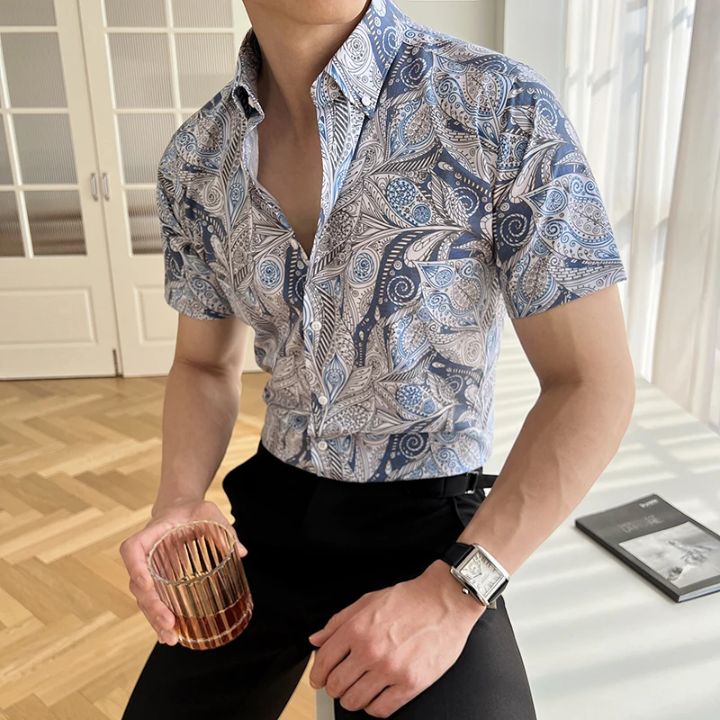 

Стильные рубашки с принтом, мужская одежда, 2025 г., корейская деловая повседневная мужская рубашка с коротким рукавом, облегающая блузка больших размеров Homme