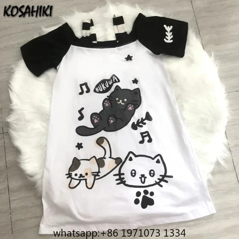 Japanese Patchwork Women Off Shoulder Graphic T Shirts Kawaii Cute Cartoon Print T-shirt Top Summer Y2k Aesthetic Grunge Tees view 2