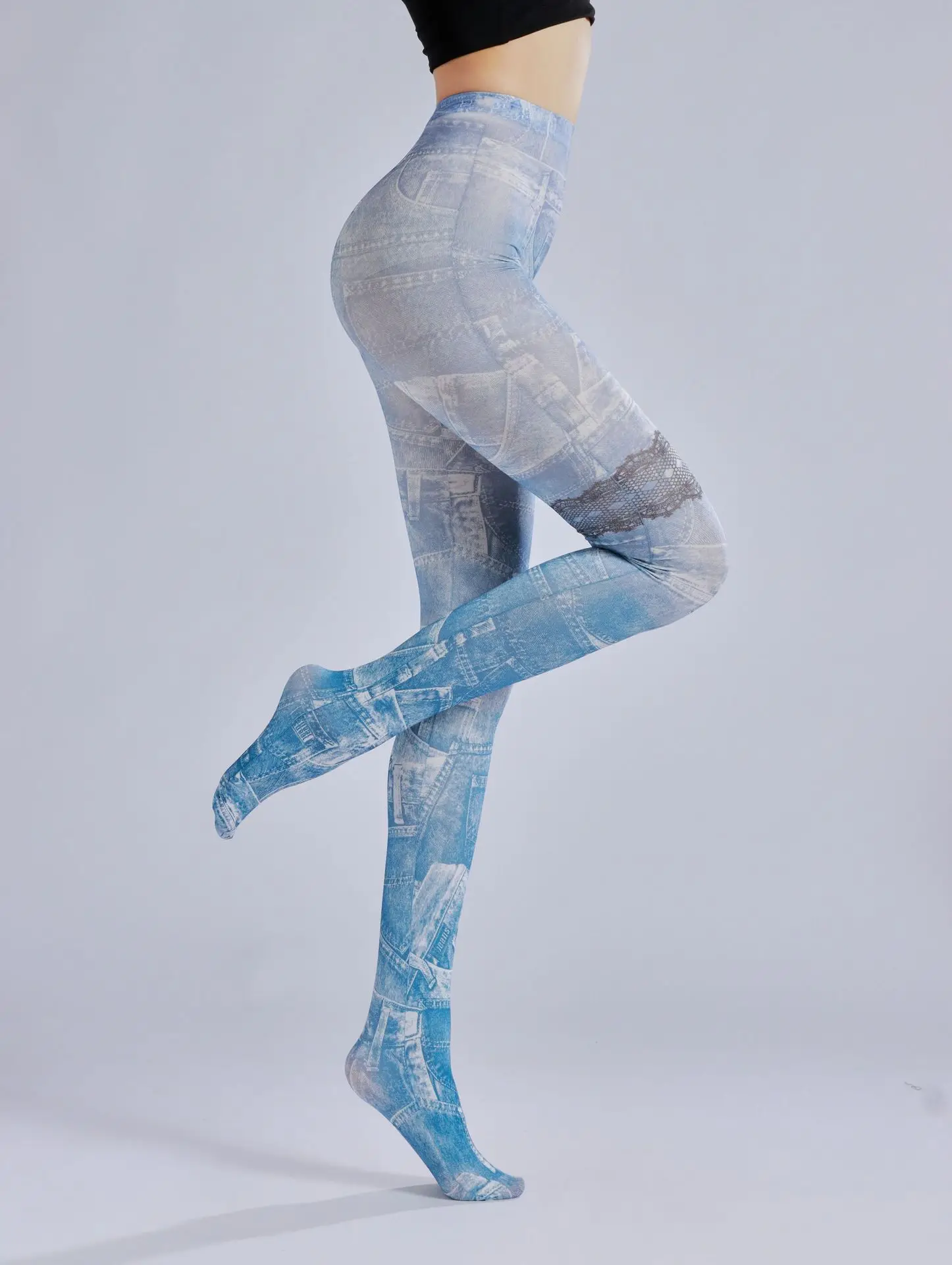 Fashion Personality Attraction Imitation Jeans Pattern Print Pantyhose Punk Light Blue Hottie Sexy Trend Drawing Tights