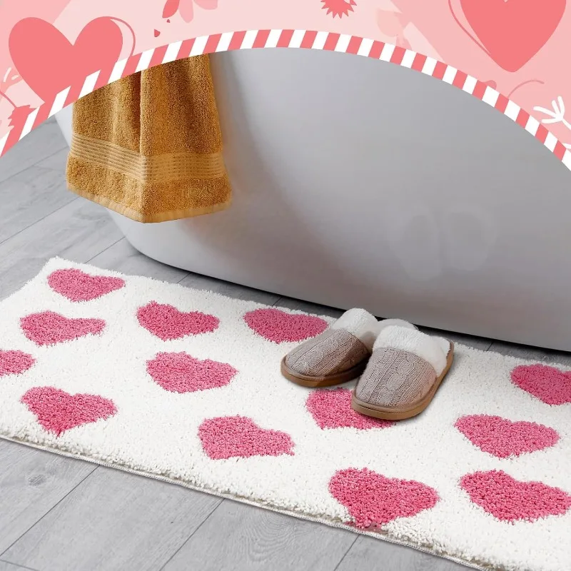 Keset Kamar Mandi Bentuk Hati 20x32 Inci Warna Pink Anti Selip Penyerap Air Dapat Dicuci untuk Dekorasi Rumah Kamar Mandi Hari Valentine