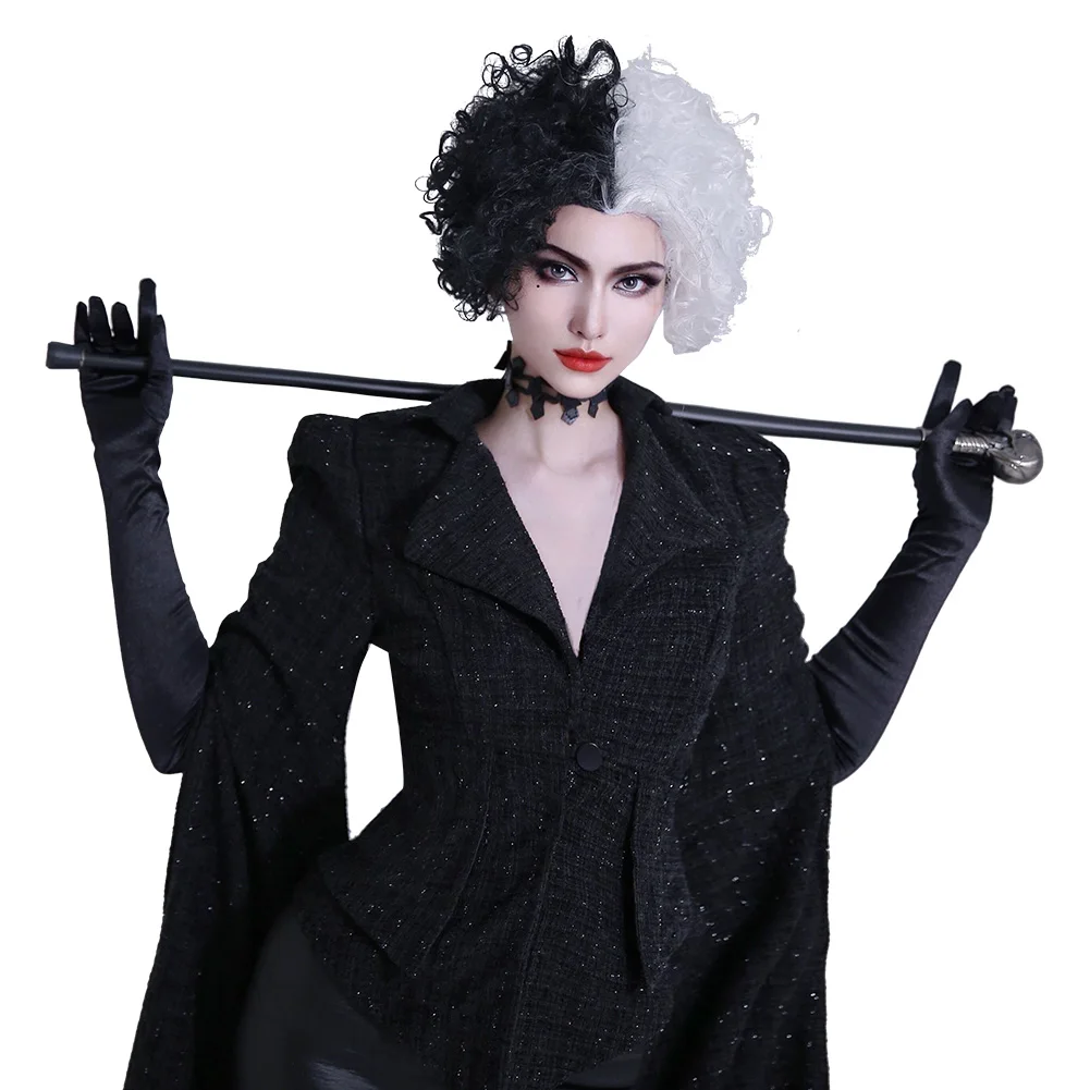 Disfraz de Cruella para mujer adulta, abrigo negro, peluca, trajes, Halloween, Carnaval, juego de rol, ropa de mujer