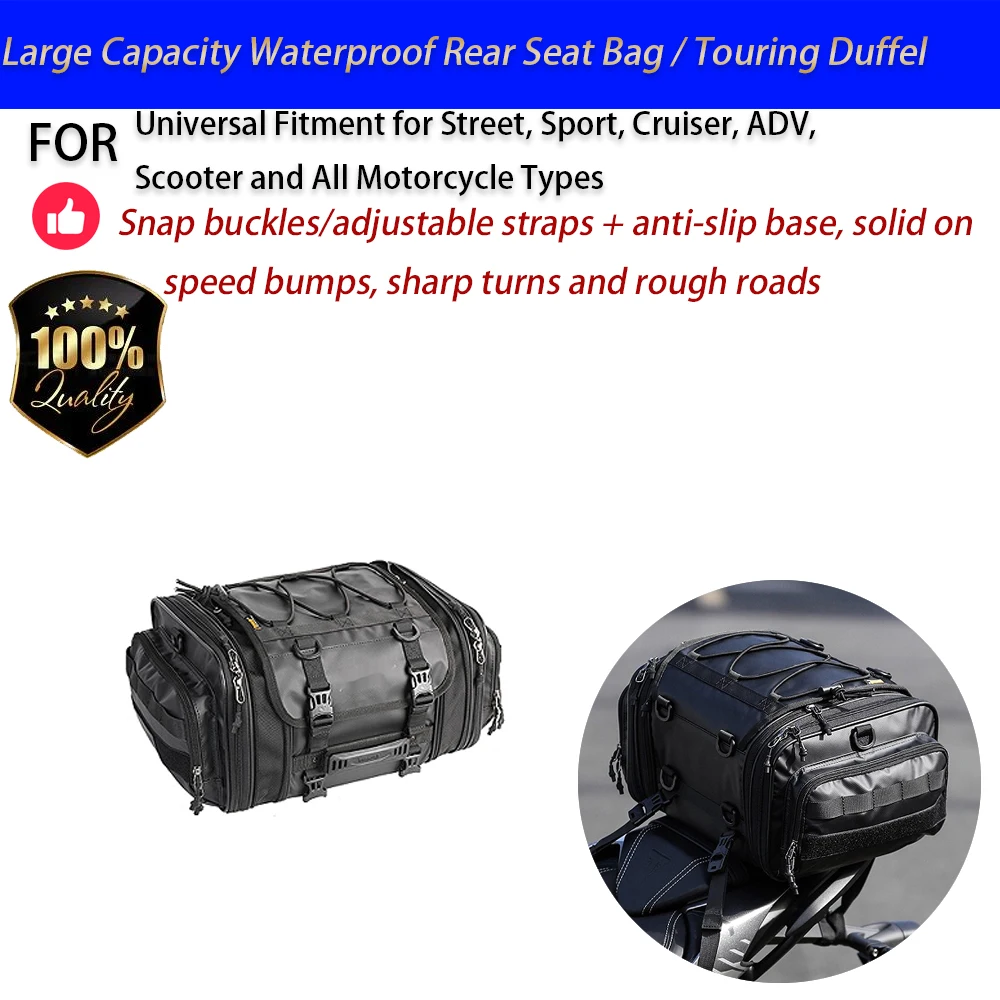 For Motorcycle 28-48L Waterproof Rear Seat Bag Touring Duffel Full Face Helmet Quick Release No-Drill Accesorios Moto