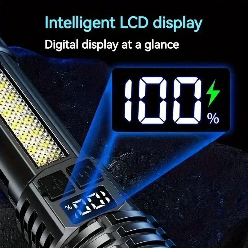 High Power LED Power Display Flashlight Type-C Rechargeable Zoom Tactical Torch with COB Side Lamp for Outdoor Camping Adventure
