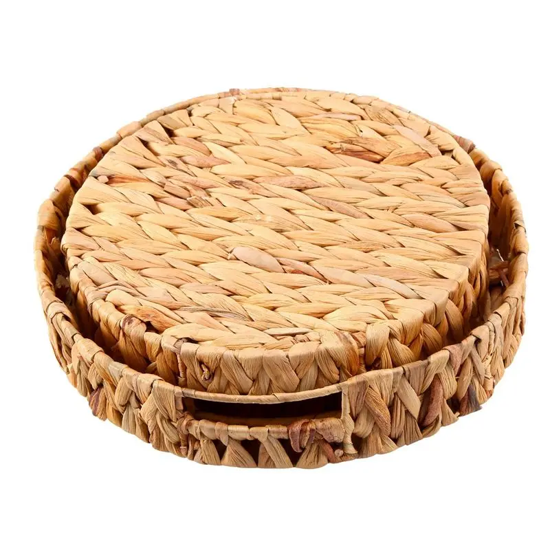ABYP 2Pcs Round Braided Tray Made Of Seagrass Water Hyacinth Set 33Cm + 28Cm Diameter Fruit Bowl