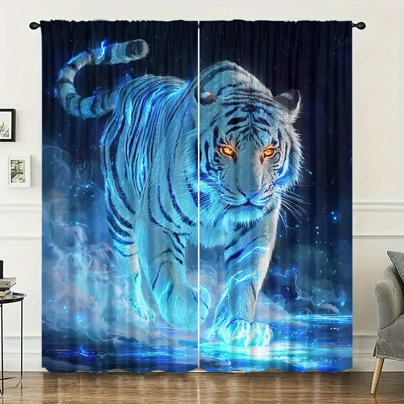 Glowing Blue White Tiger Curtains 2 Panels,Neon Ice Tiger Walk Water Mist Dark Starry Background Drapes Cool Boys Bedroom Decor