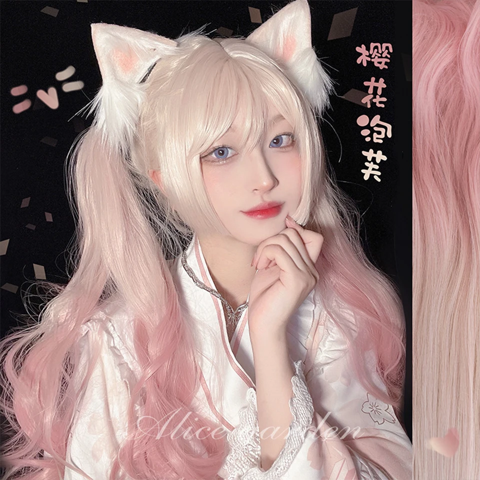 OLACARE Synthetic Long Wavy Lolita Wig with Bang Golden Ombre Pink Cosplay Party Halloween Christmas Wavy Curly Harajuku Wig