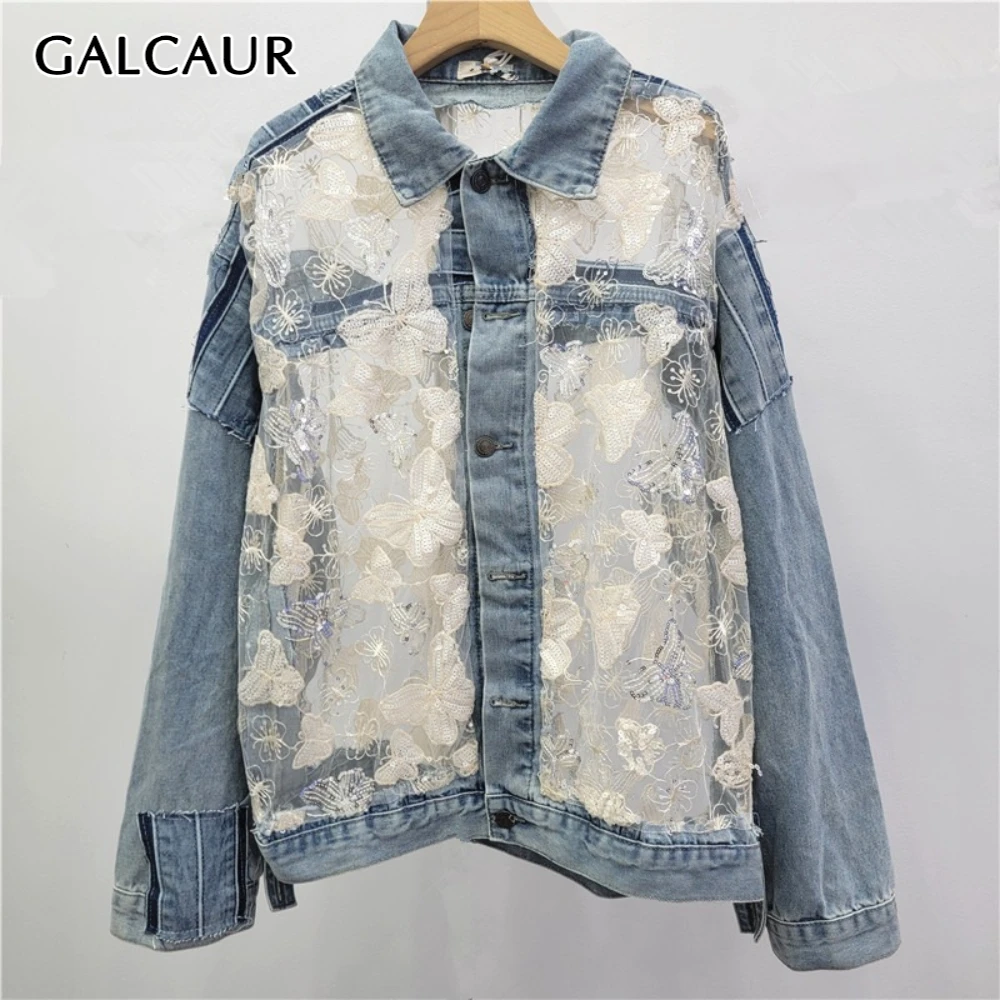 

GALCAUR Blue Spliced Sequins Basics Jacket Female Lapel Long Sleeve Loose Sheer Streetwear Women's Jackets Autumn Fashion New