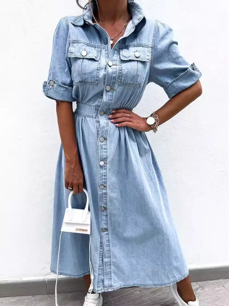 Button-up ort Sve Denim Dr Dames Nieuw Sle Katoen Polyester middentaille a-lijnrok Basismodel Lente Zomer Herfst