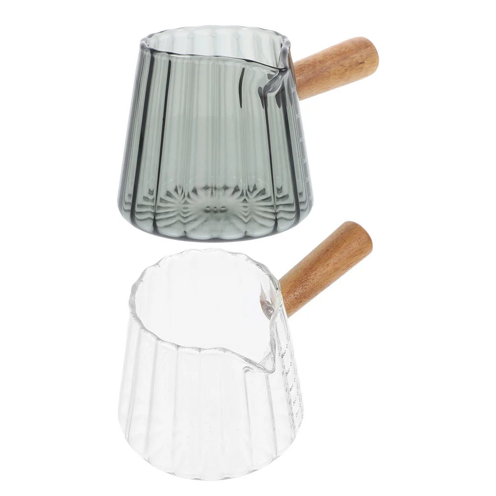 

2Pcs Wooden Handle Mini Milk Jug Clear Glass Espresso Shot Cups Measuring Milk Frothing Pitcher Coffee Machine Accessories
