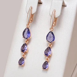 Kinel Hot Shiny Purple Natural Zircon Drop Earrings For Women Trend 585 Rose Gold Color Bride Wedding Fine Jewelry Crystal Gift