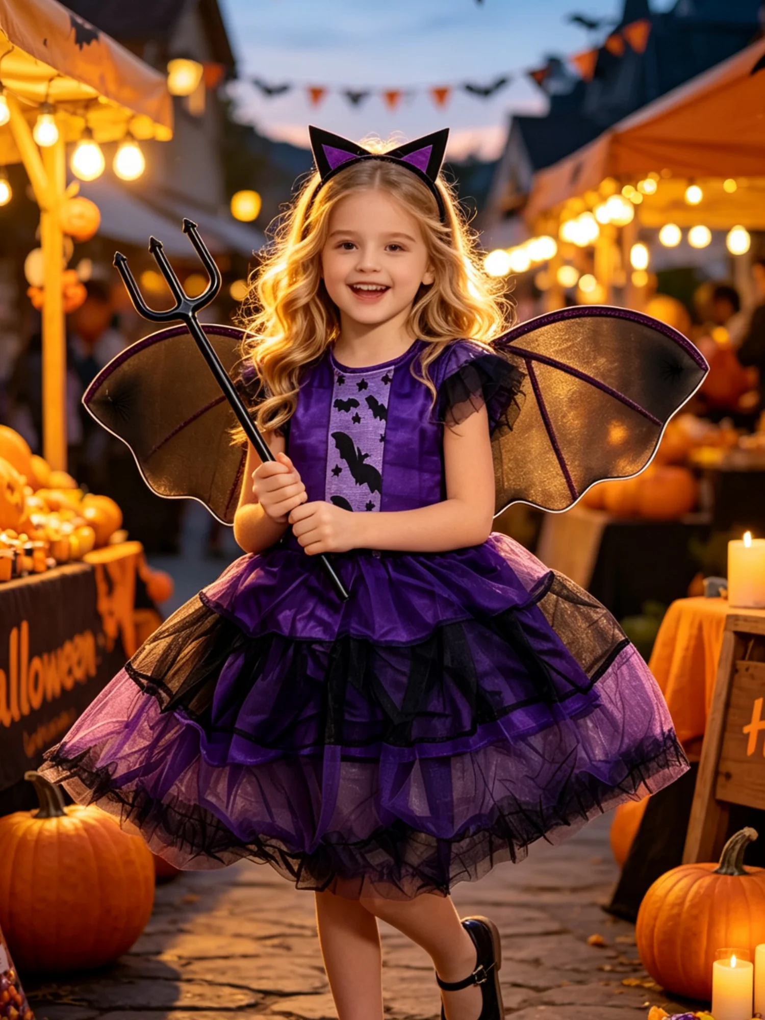 Halloween costume, girls' dress, Gothic vampire bat princess dress, role-playing costume, with headband set