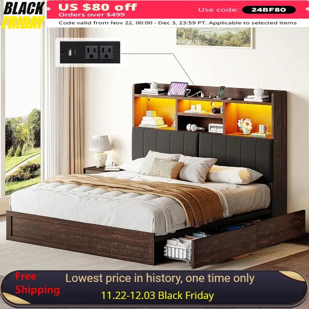 

Queen Bed Frame with Bookcase Headboard and Charging Station，4 Storage Drawers，Slats Support，No Box Spring Needed，LED Bed Frame