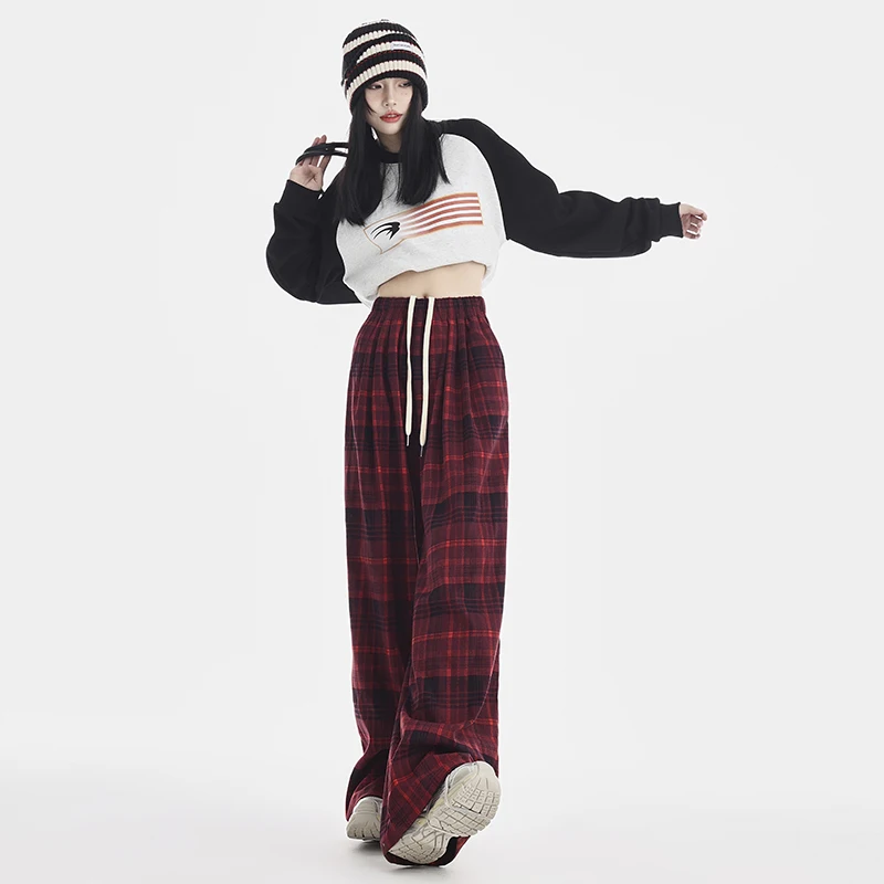 

Широкие брюки с высокой талией на флисовой подкладке, свободные прямые повседневные брюки, красные клетчатые брюки в стиле high street.